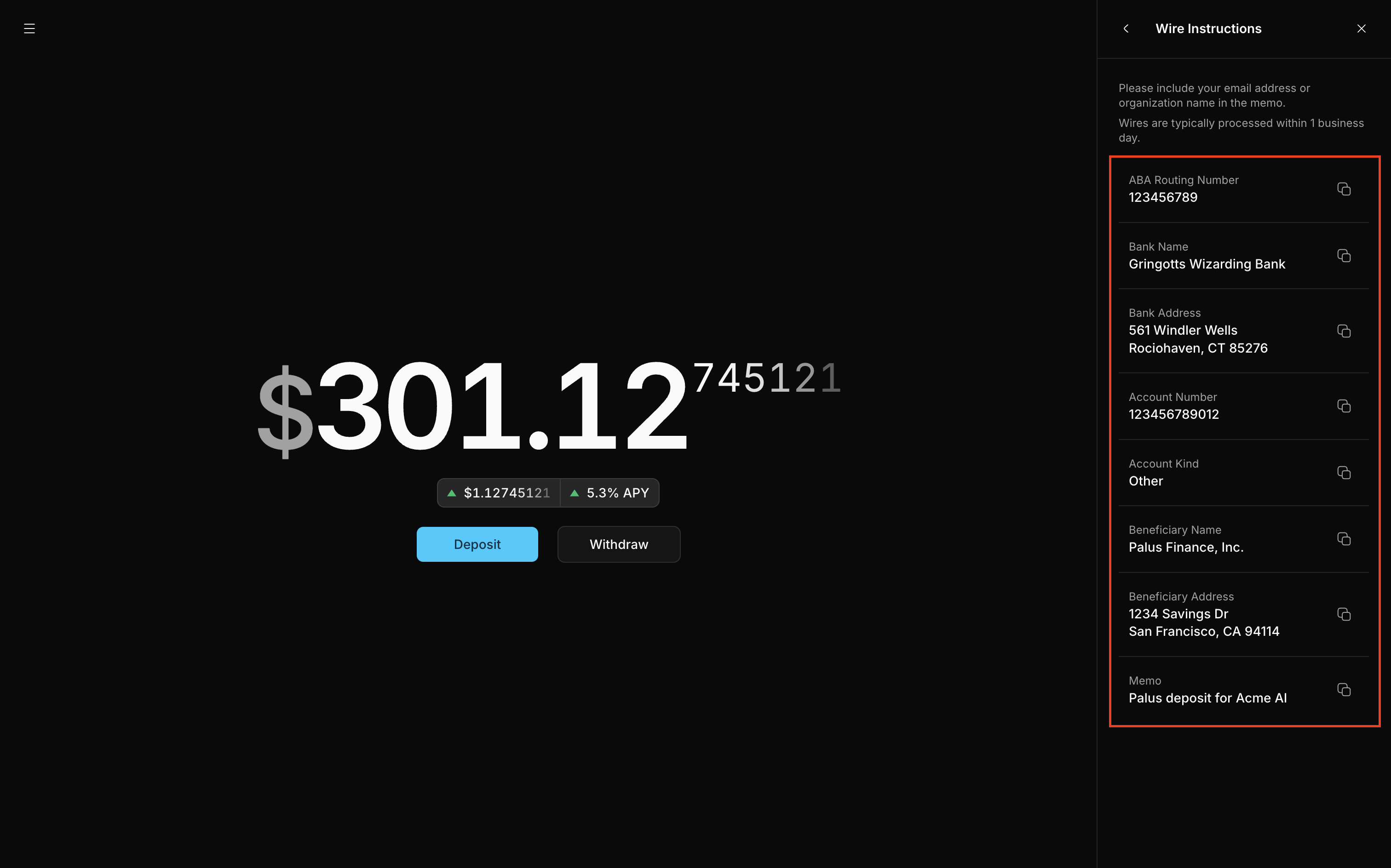 Wire transfer details on the Palus dashboard