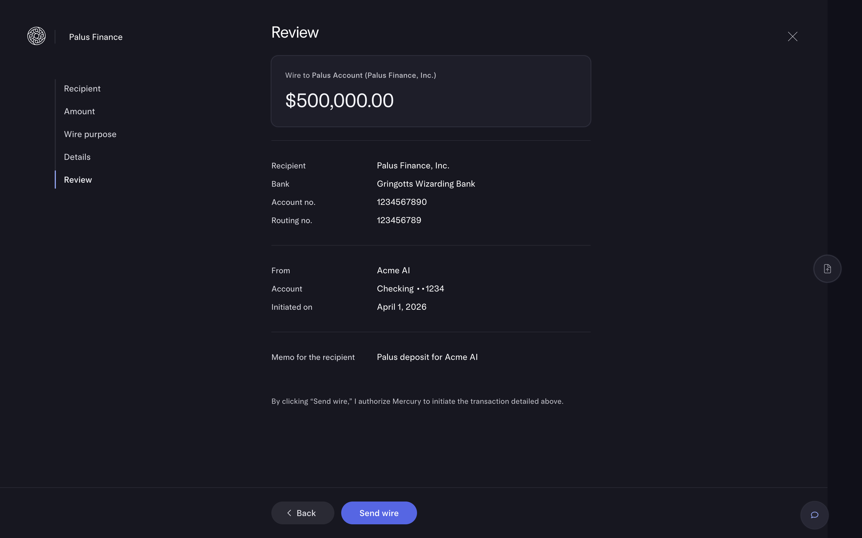 Review and send wire in Mercury